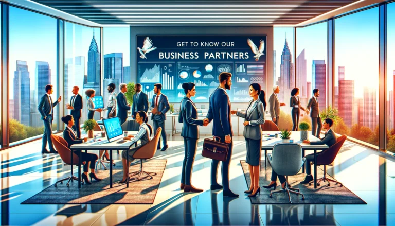 Says get to know our business partners - with a cartoon image of an office witih two desks and people standing around shaking hands and conducting business