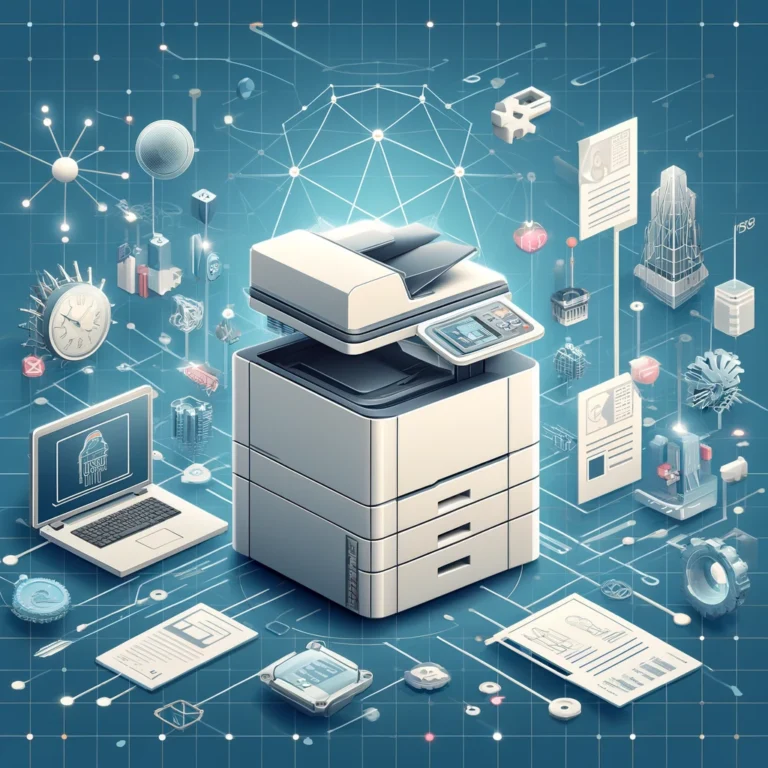 A photocopier with laptop and pages around it showing connectivity to photocopiers