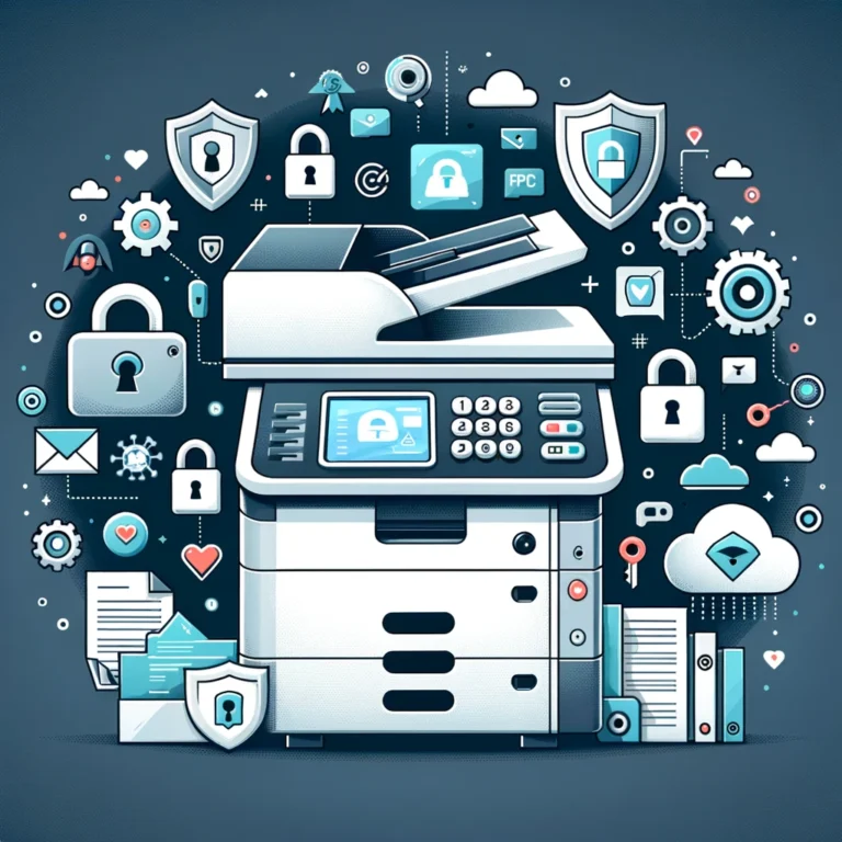a photocopier with security and emails all around it - to descript importance of security features on photocopiers in the modern world