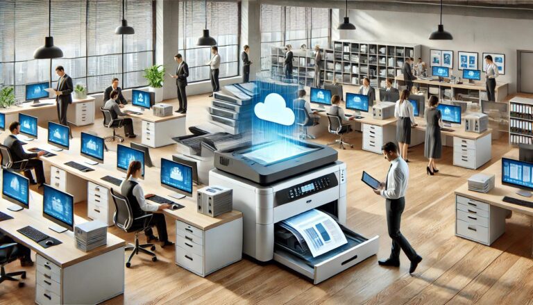 an office with lots of computers and a large photocopier