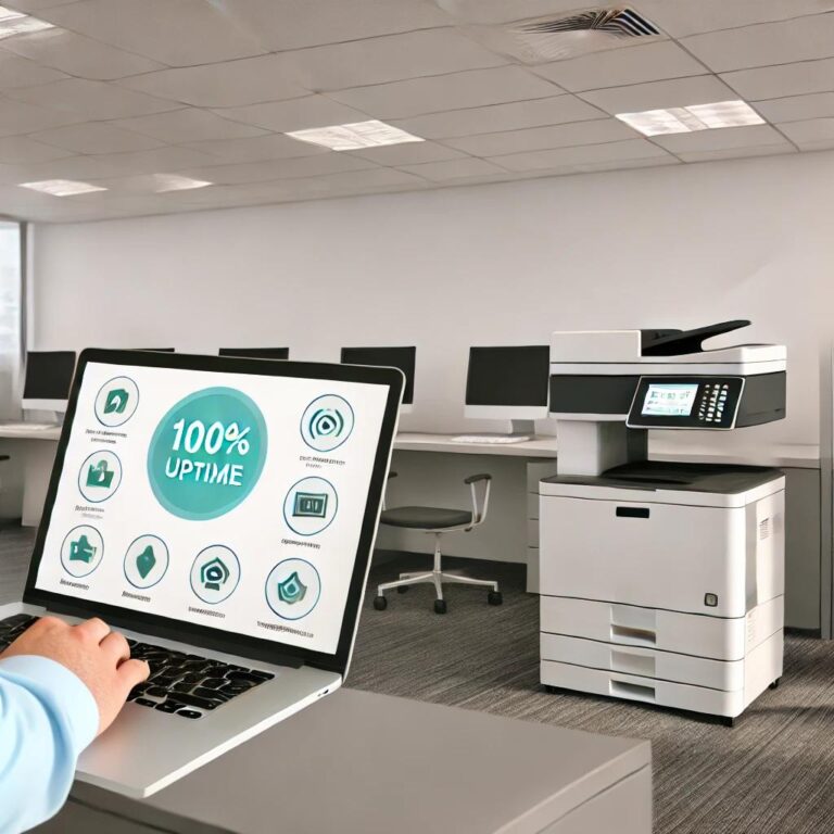 an office with a laptop trying to remotely access a photocopier